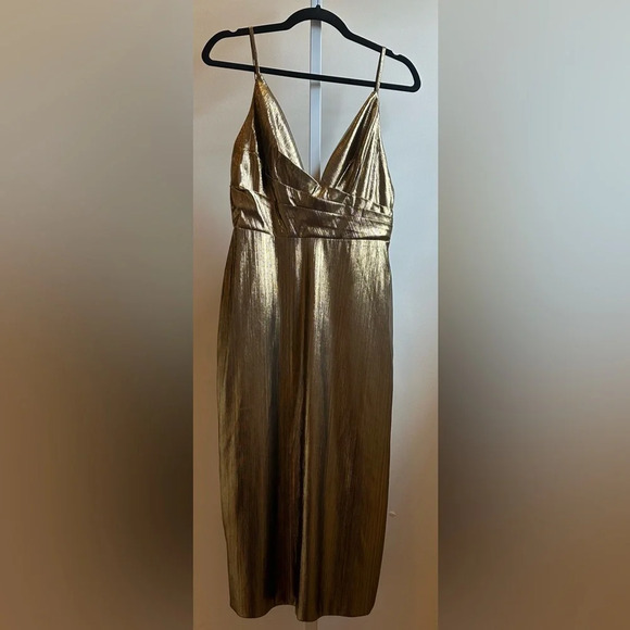 NWT Mac Duggal Metallic V Neck Midi Dress Size 4 Antique Gold - Picture 7 of 10